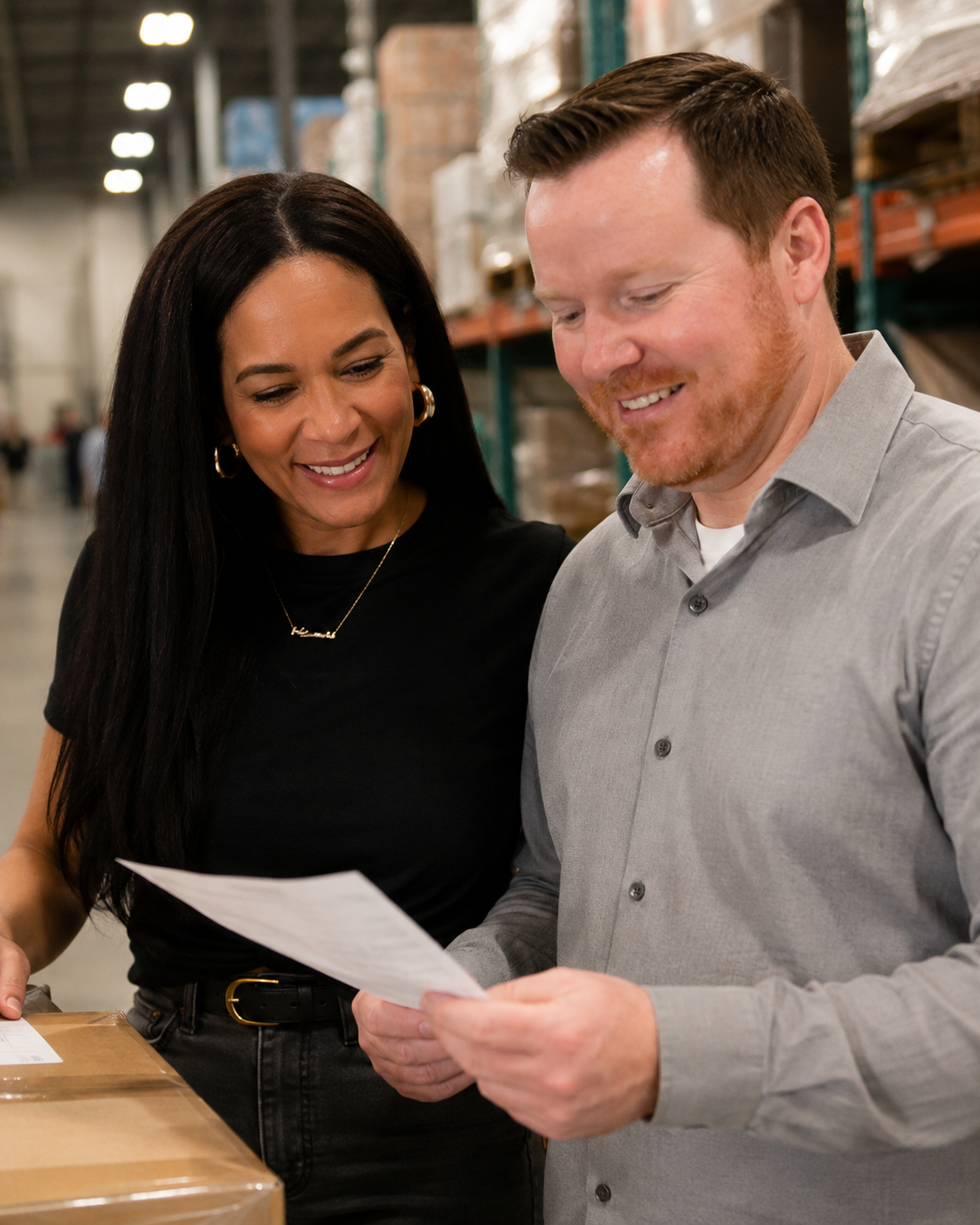 Two Regional Now team members reviewing a shipment together