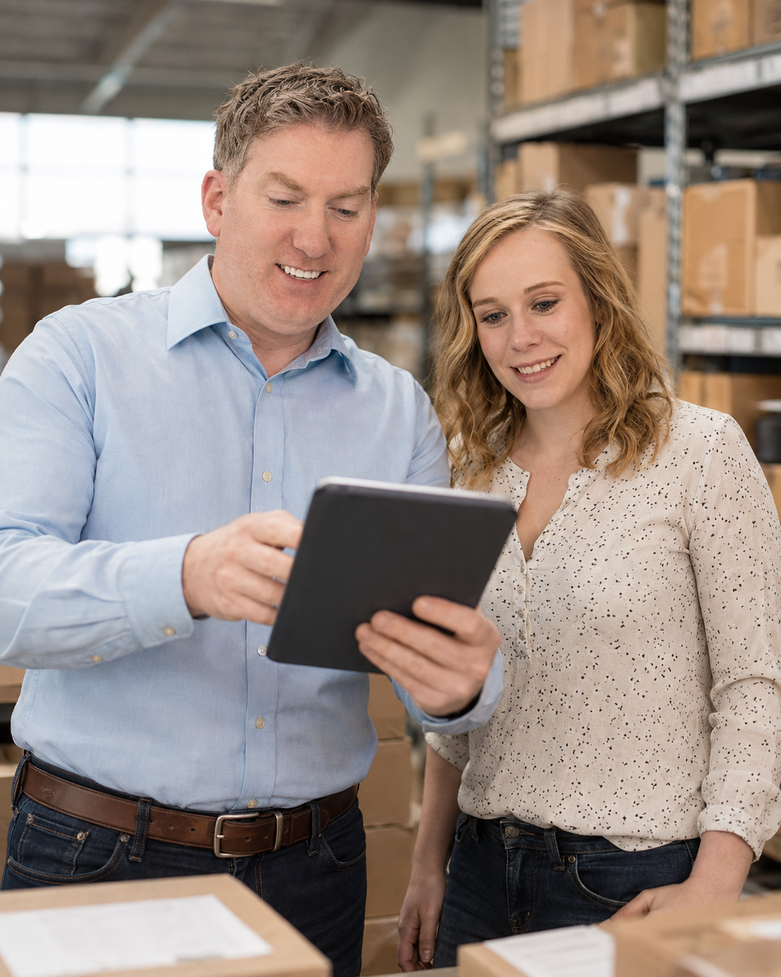 Regional Now team members collaborating over a tablet in the warehouse